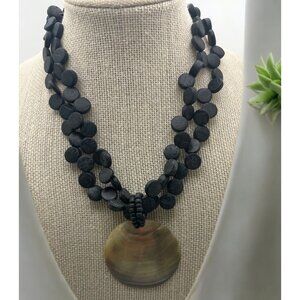 NY & Co Black Beaded Necklace Abalone Shell Statement Pendant Mother of Pearl